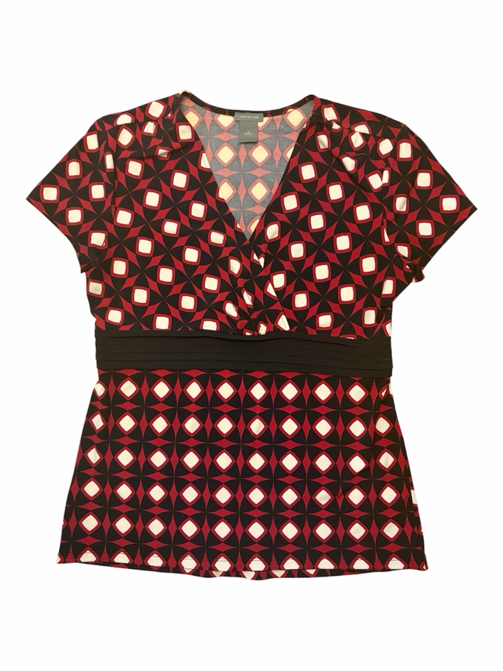 Ann Taylor Women’s Geometric V-Neck Short Sleeve Top - Black & Red